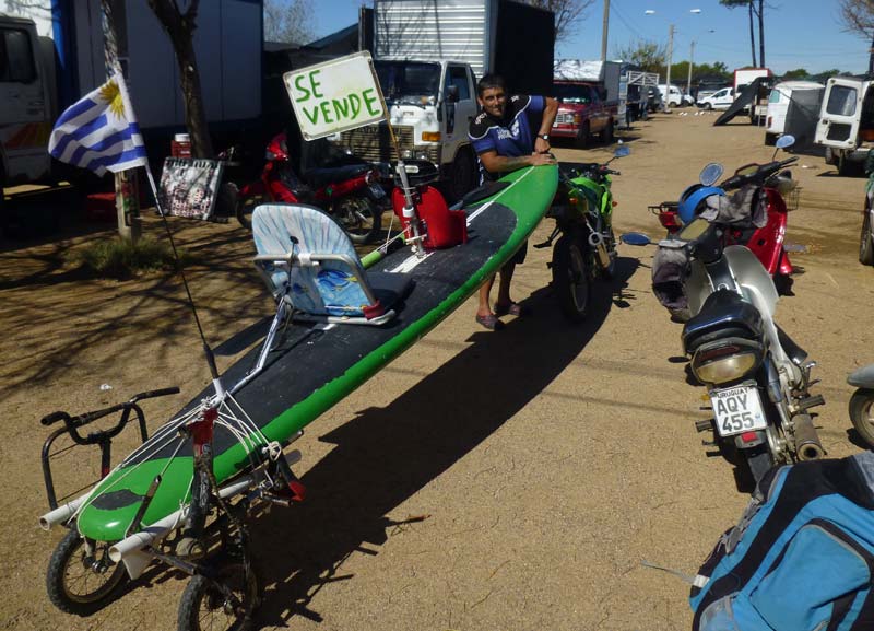 Surfboard-kayak contraption for sale at Saturday market, Parque del Plata, Canelones, Uruguay