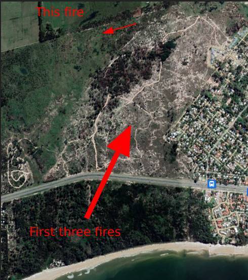 Satellite view showing path of probable-arson wildfires near Atlántida, Canelones, Uruguay